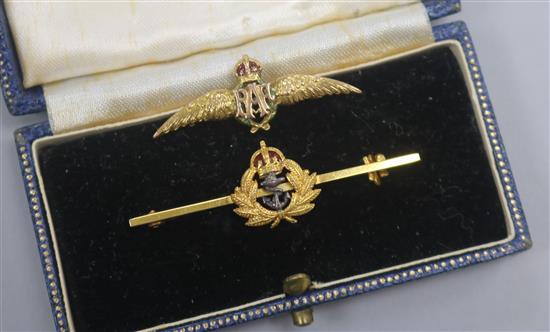Two 1970s 9ct gold and enamel sweetheart brooches, including one R.A.F. brooch,
